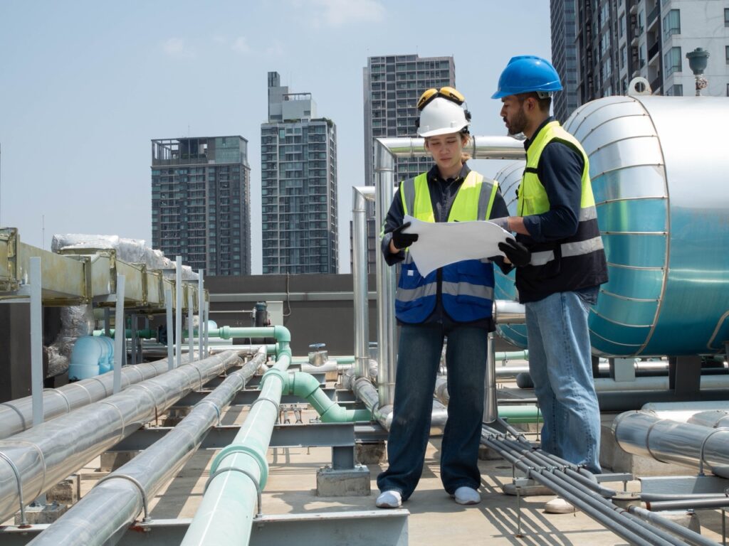 Man and woman reviewing documents on top of building