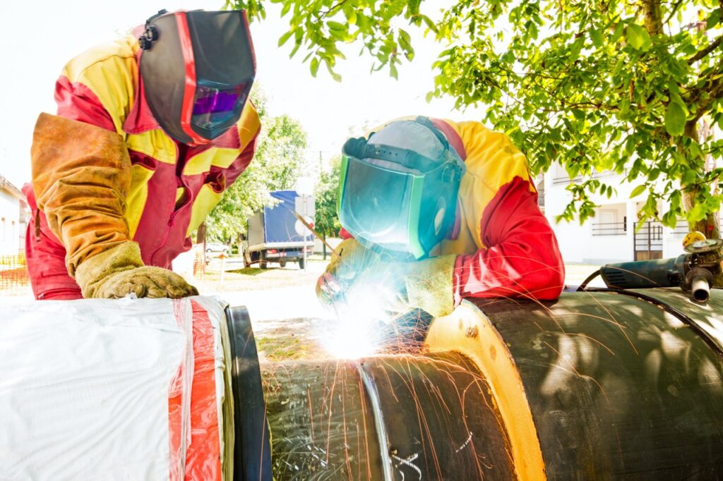 2 employees wearing safety gear welding metal